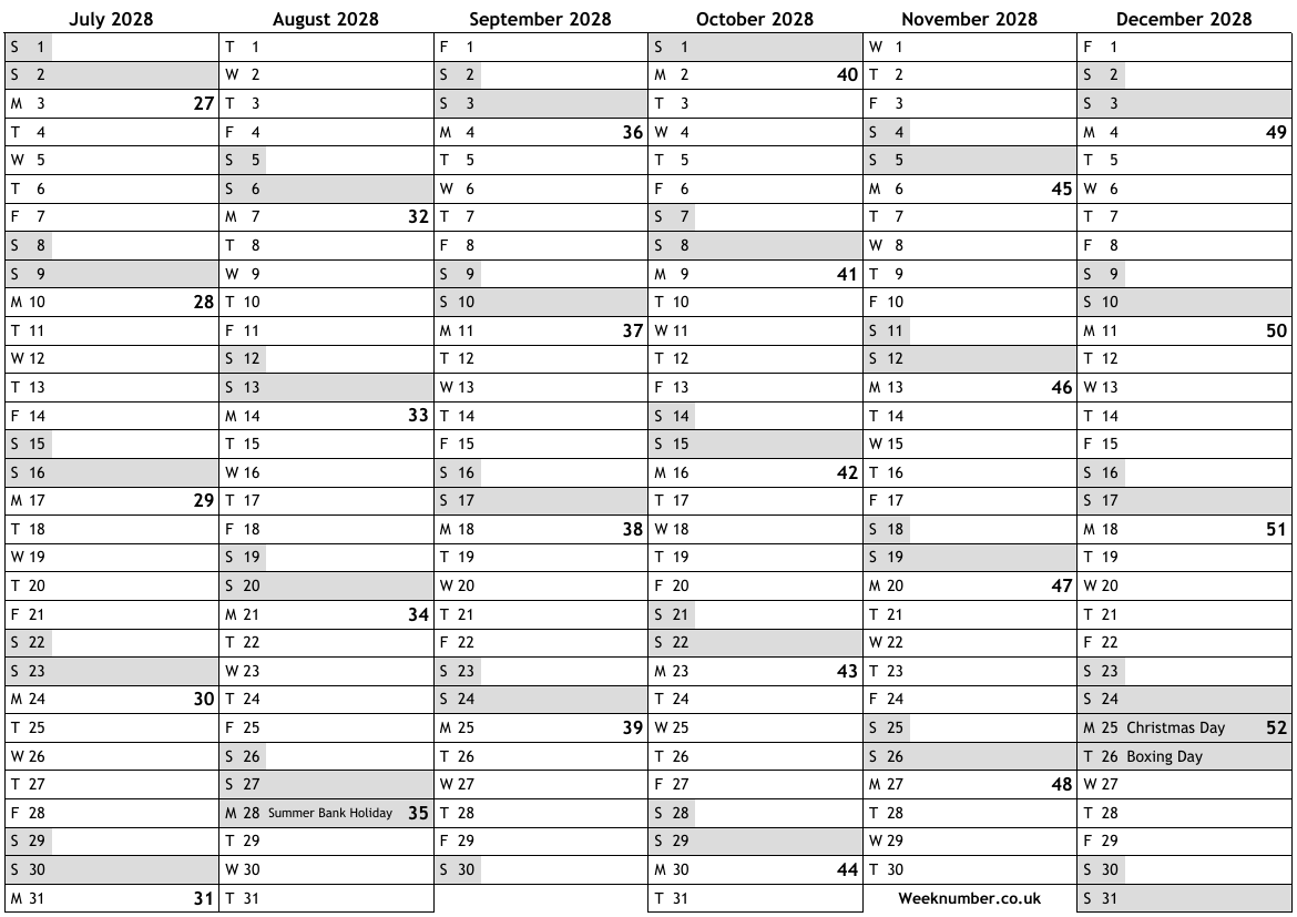 2028 calendar, 2nd half