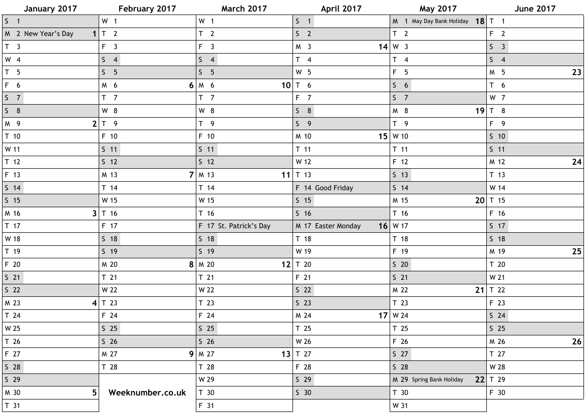 2017 Calendar With Week Numbers And Holidays For Northern Ireland