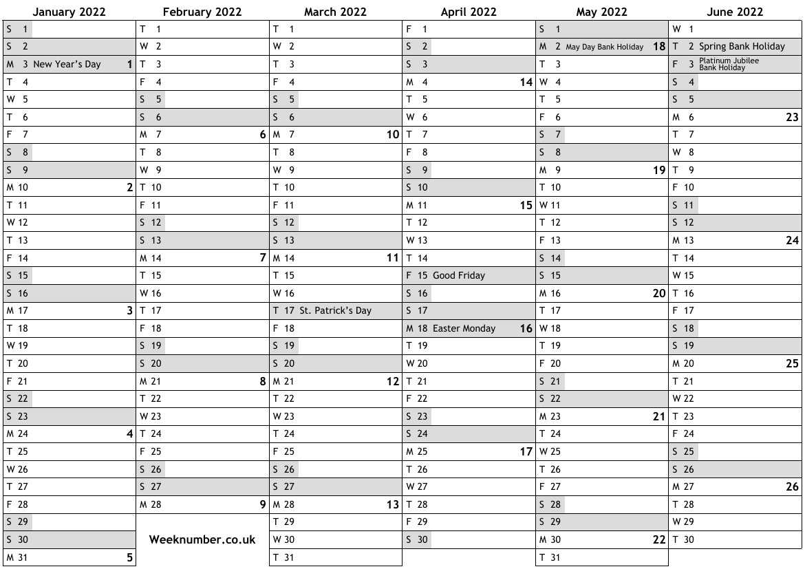 2022 calendar with week numbers and holidays for Northern ...