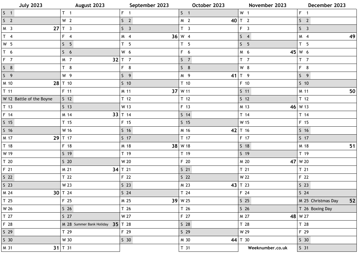 2023 Calendar 2nd Half