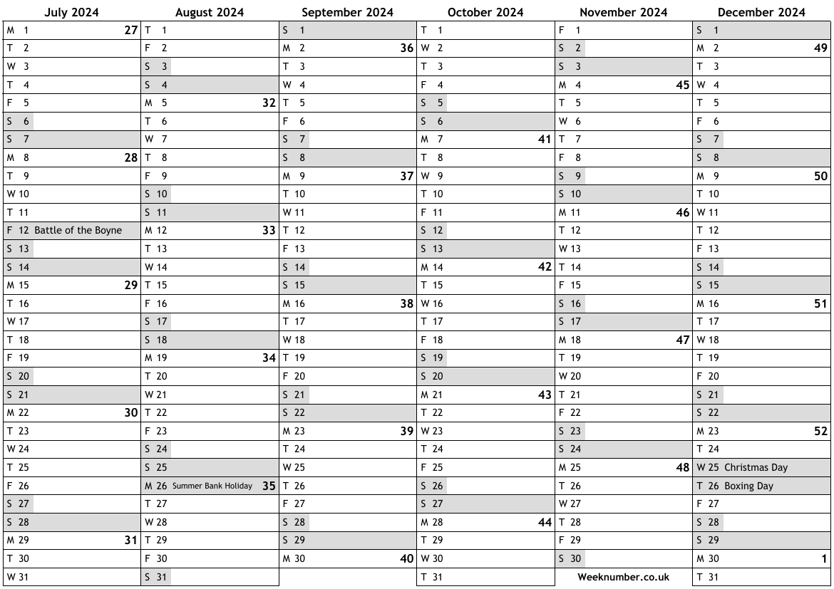 2024 calendar, 2nd half