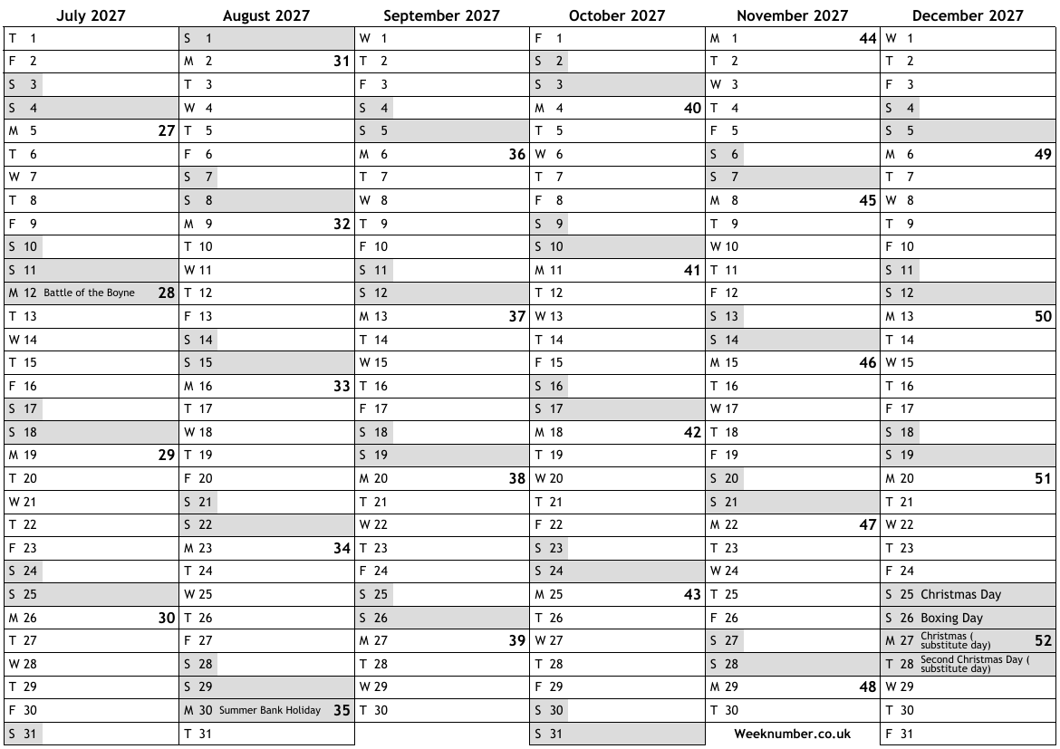 2027 calendar, 2nd half