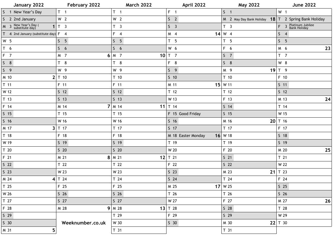 2022 calendar, 1st half