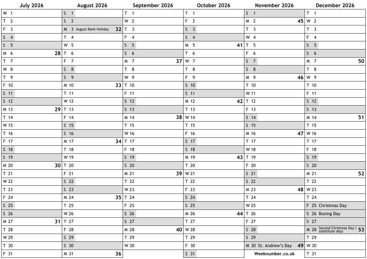 2026 calendar, 2nd half