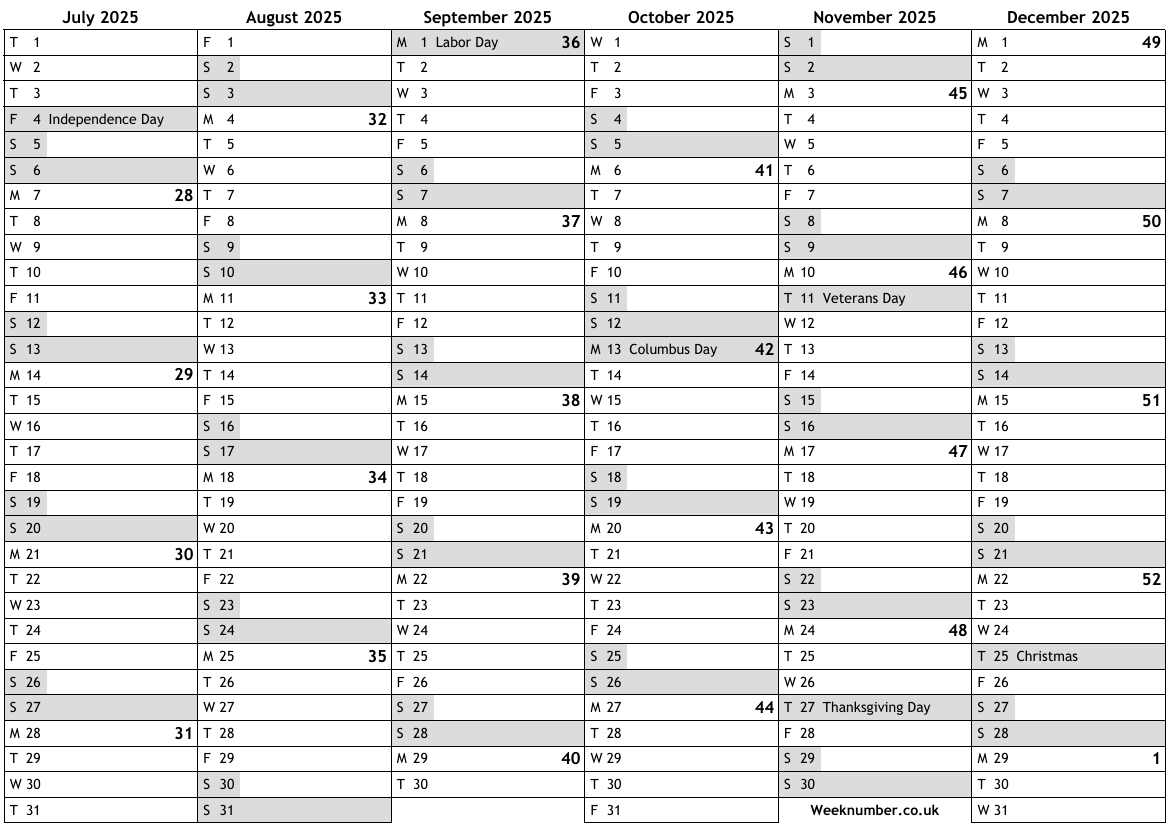 2025 calendar, 2nd half