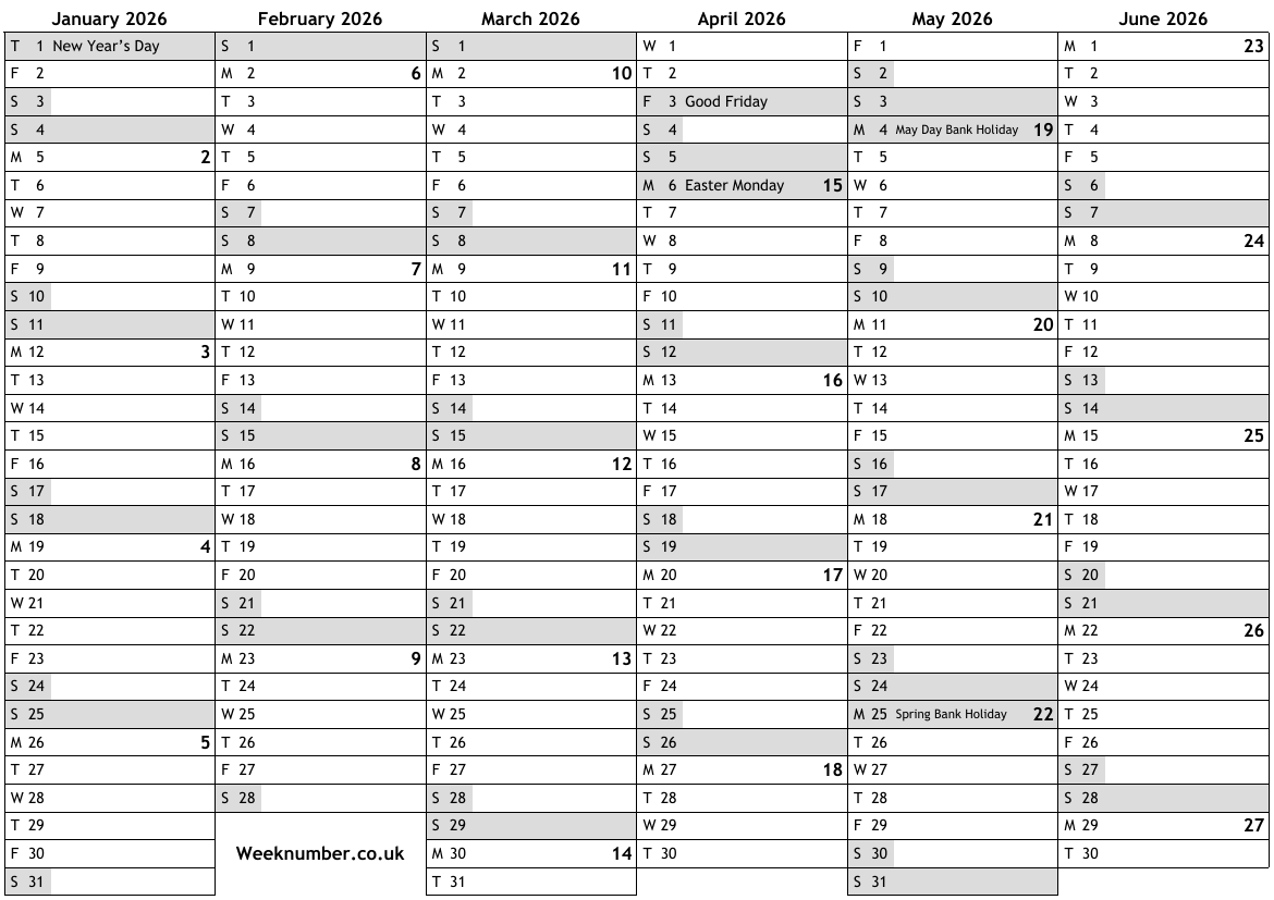 2026 calendar with week numbers and holidays for Wales … official